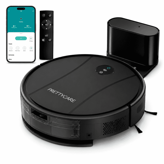 PrettyCare C2-v2 Robot Vacuum and Mop Combo Cleaner, 3-in-1, 8000Pa Suction, 5200mAh Battery, Black