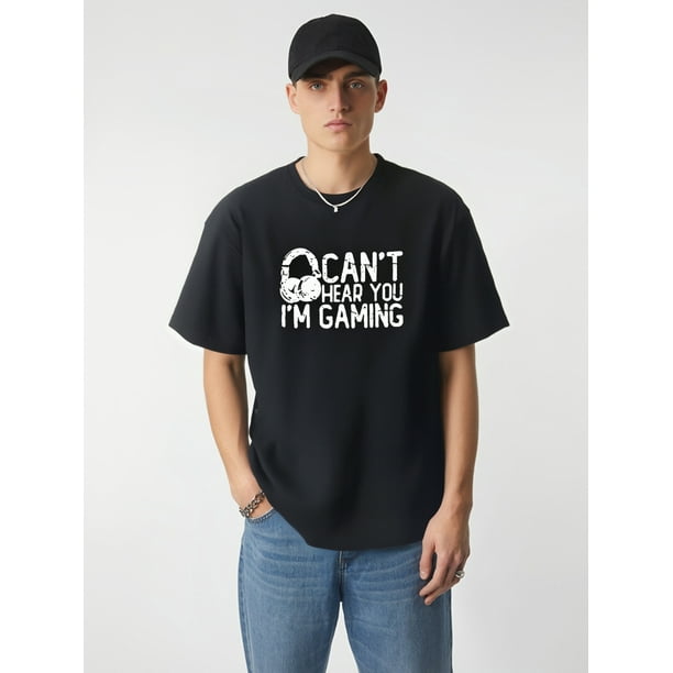 Camiseta gráfica informal de videojuegos para hombre "Can't Hear You I'm Gaming" - Camiseta de punto 100 % algodón con cuello redondo, corte regular, transpirable y cómoda para verano y actividades al
