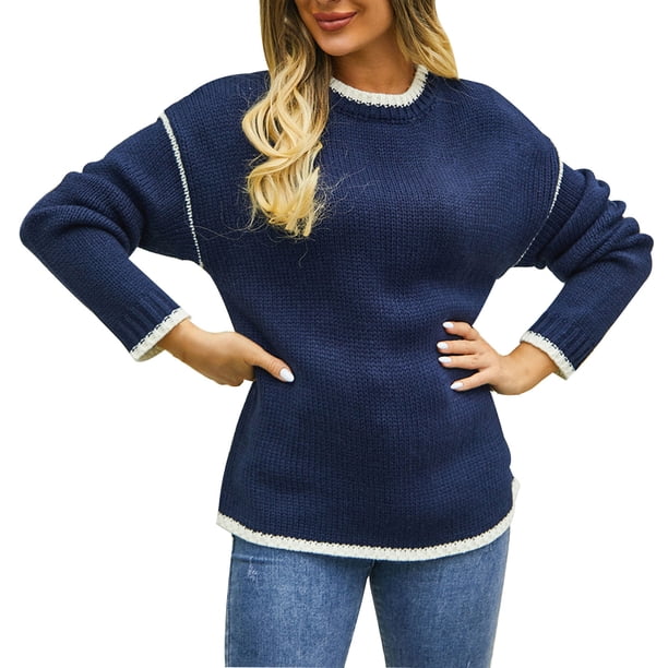 Gibobby Suéter mujer, Suéter Ligero de Cuello Redondo Suéter para Mujer, para otoño e invierno(Azul,XG)