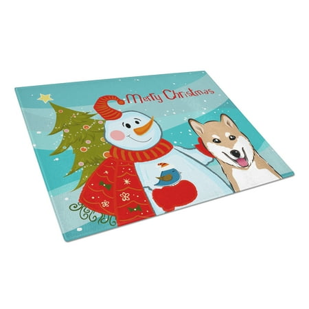 

Carolines Treasures BB1845LCB Snowman with Shiba Inu Glass Cutting Board Large 12H x 16W multicolor