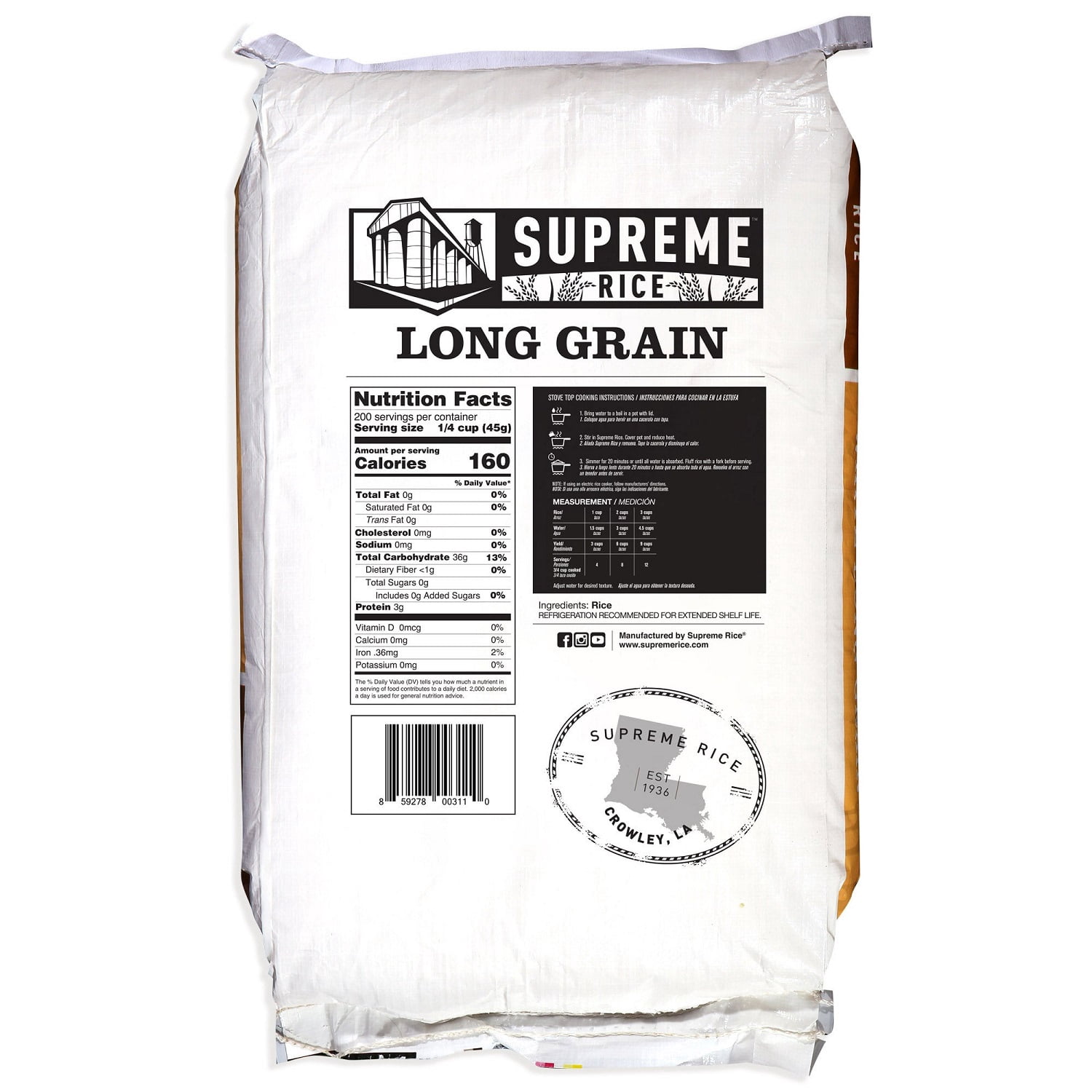 Louisiana Rice Mill Supreme White Rice, Long Grain, 25 Pounds