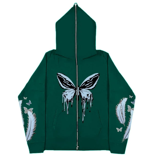 Sudadera Y2K con estampado de mariposas y plumas oscuras europeas y americanas, sudaderas con capucha para hombres y mujeres, sudadera con cremallera larga Harajuku para parejas góticas