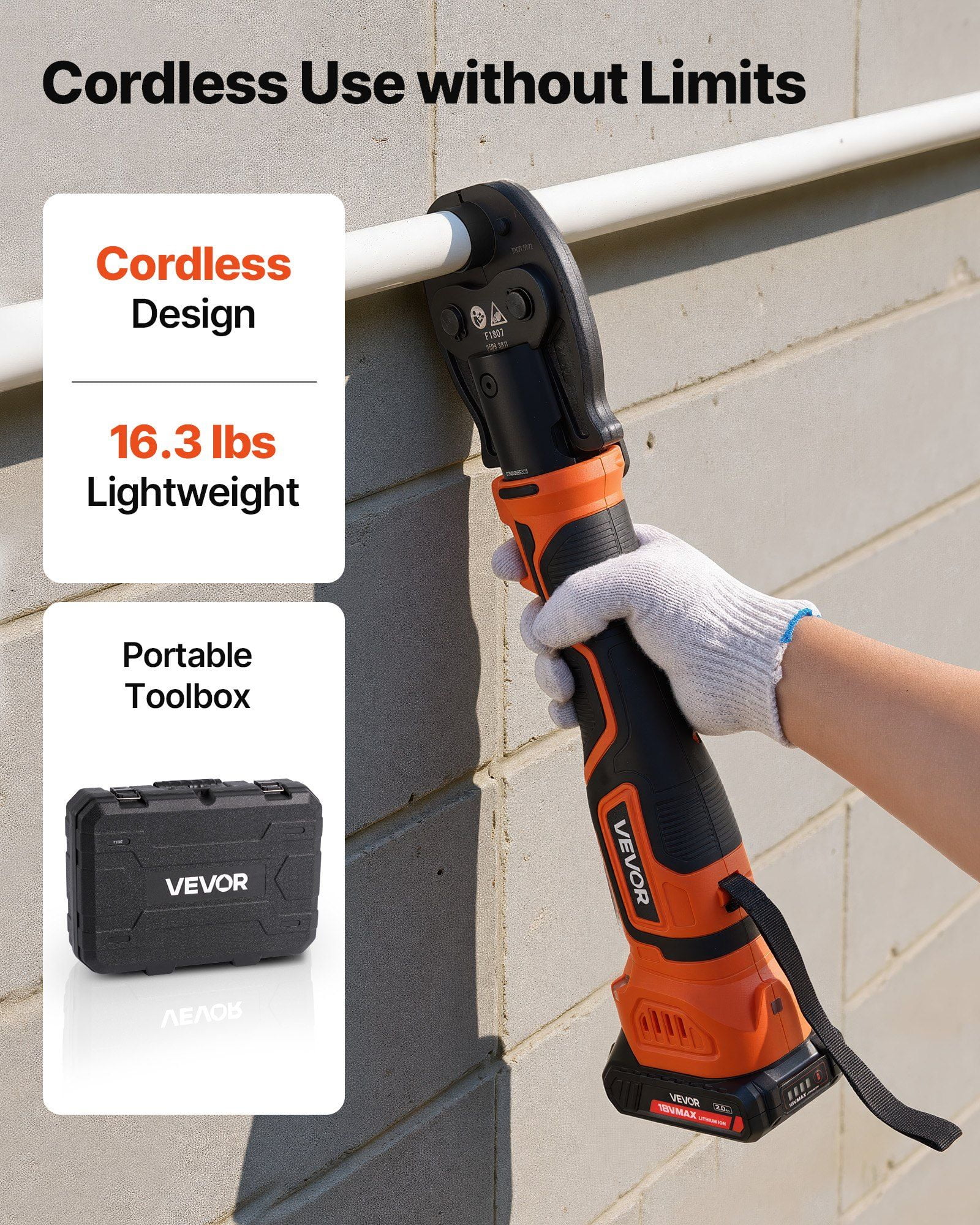 Professional Cordless Electric PEX Press Tool Kit - 18V, 3 Jaw Sizes for 1/2", 3/4", 1" PEX, Includes 2 Batteries & Fast Charger, Portable Carry Case - ASTM F1807 Certified
