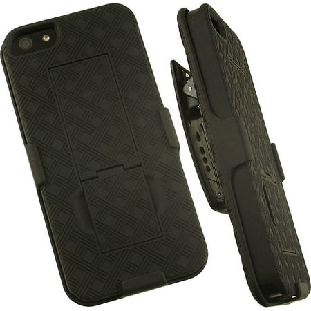 NAKEDCELLPHONE'S BLACK KICKSTAND HARD CASE COVER + BELT CLIP HOLSTER STAND FOR APPLE iPHONE 5 (Best Iphone 5 Holster Cases)