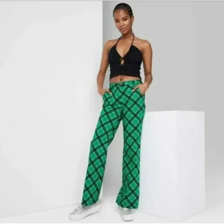 Wild fable Women's Pants Chino Low Rise Flare Emerald Green Plaid