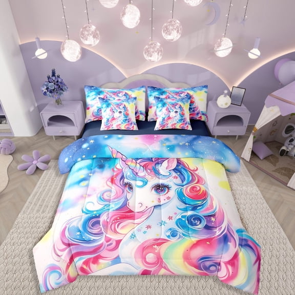 Castle Fairy Animal Unicorn 7-Piece Twin Bedding Sets,Cartoon Wildlife Bedding Comforter Set,Starry Sky Breathable Sheet Sets,Lightweight Gradient Room Decor,Reversible