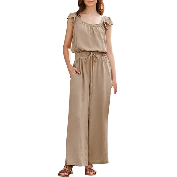 Soyumi Jumpsuits for Women 2026 Summer Ruffle Sleeves Square Neck Rompers Drawstring Overalls with Pockets, Beige