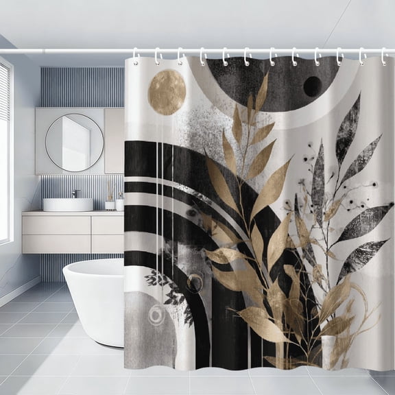 Mid Century Black and White Grey Abstract Boho Pattern Shower Curtain for Bathroom, Waterproof Cloth with Hooks 71x71in