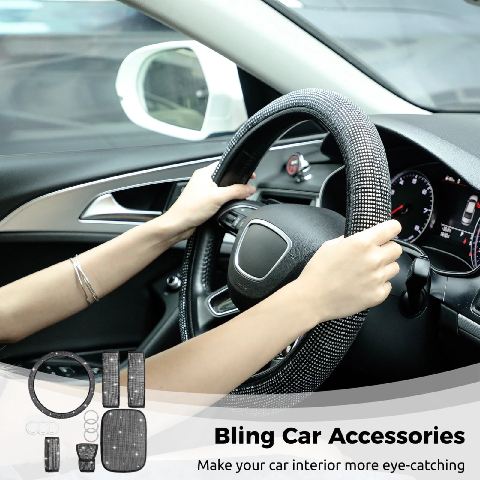 Bling Crystal Diamond Steering Wheel Cover, 9Pcs Shiny Rhinestone Sparkling Car Interior Decorations, Car Accessories for Women Girls, Universal Fit 14-15inch