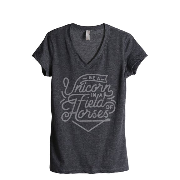 Be A Unicorn In A Field Of Horses Women's Fashion Relaxed V-Neck T-Shirt Tee Charcoal Grey Small