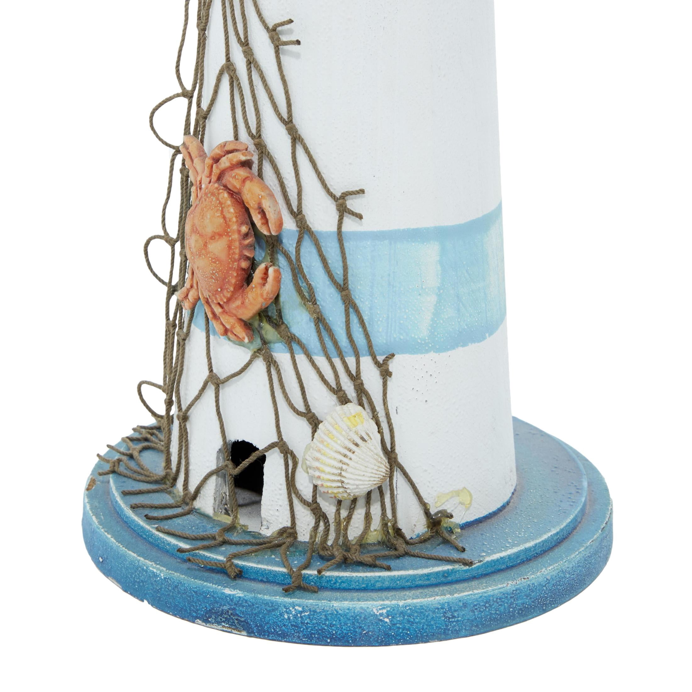 6" x 16" Blue Wood Light House Sculpture with Netting, by DecMode