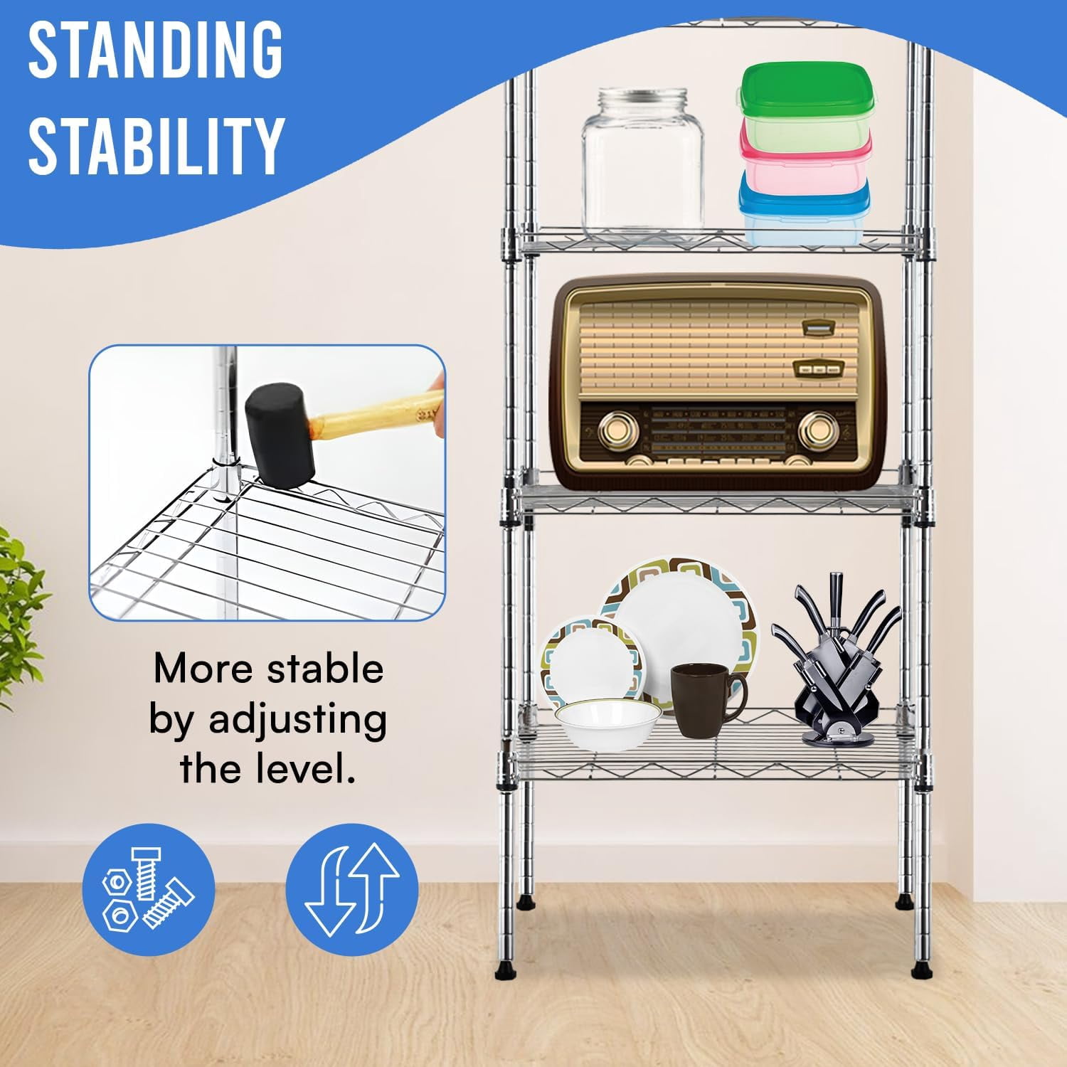 BestOffice Adjustable Storage Shelves Metal Storage Shelf fo adults(Chrome, 16.7L×11.8W×63.6H)