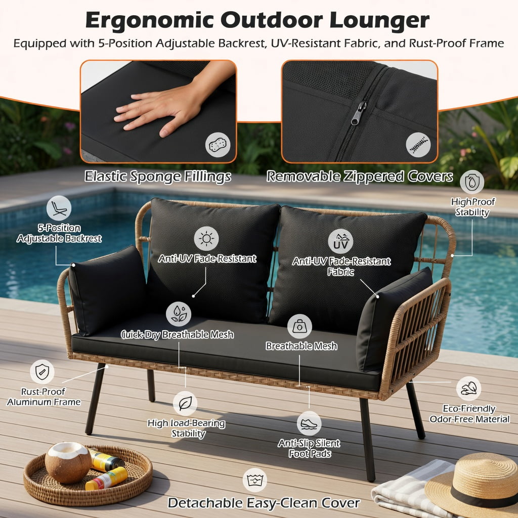 Hommoo Hommoo 2-Seat Outdoor Wicker Loveseat with Cushions, Heavy-Duty Steel Frame, PE Rattan Patio Chair for Backyard, Deck or Balcony, Black