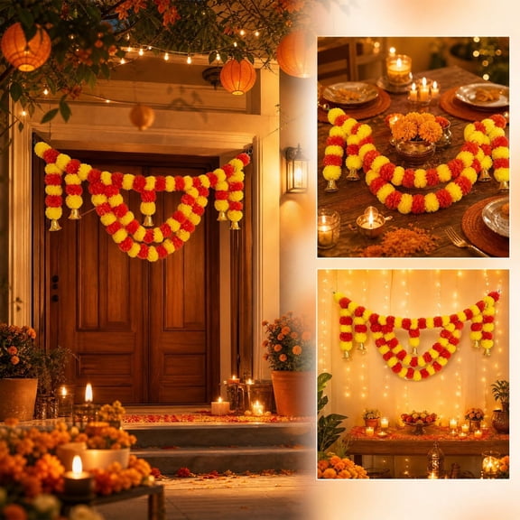 Artificial Marigold Door Garland with Bells, 39.7 in Red & Yellow Flower Toran for Diwali, Day of the Dead & Indian Wedding Decor, Reusable Hanging Doorway Curtain