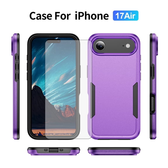 Compatible with iPhone 17 Air 6.6 Phone Case Tempered Glass Screen Protector Hybrid Rugged Shockproof Hard Protective Drop Proof Full Body Heavy Duty Mobile Cell Cover for i Phone17 i17 17Air Purple