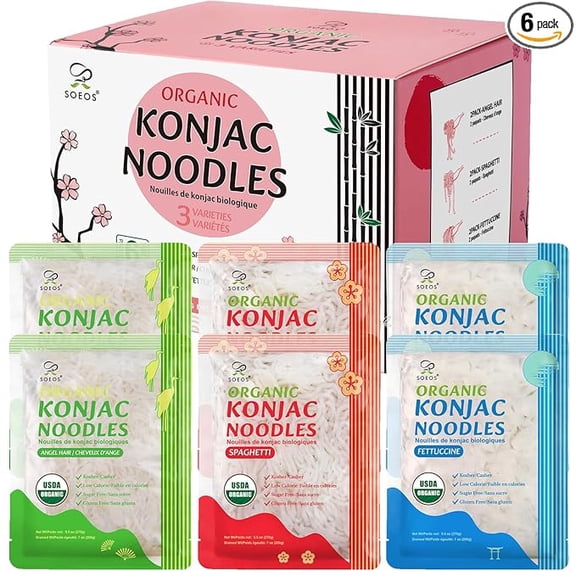Soeos Konjac Shirataki Noodles Variety Pack, 6 Pack, 8.8 oz (250 g) Each, Low Carb Konjac Noodles, Gluten Free, Ready to Cook Asian Noodles