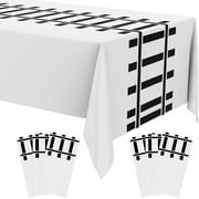 6 Pcs Train Party Decorations Railroad Track Tablecloths Train Birthday Party Supplies 54 x 108 Inch Plastic Table Covers for Railroad Track Western Theme Birthday (White)