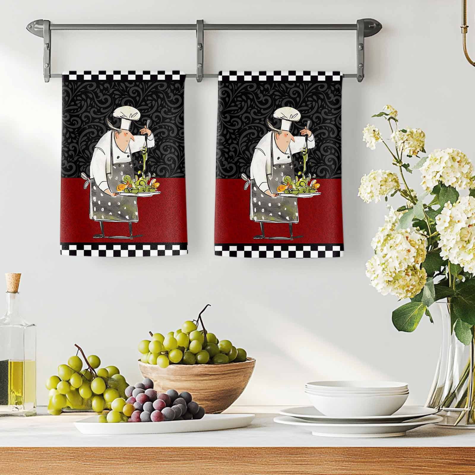 Dish Towels, Cooks Kitchens Absorbent Kitchen Towels 2 PCS, Funny Chef Black Buffalo Plaid Microfiber Hand Towels Dish Cloths Tea Towels for Home&nbsp;Bathroom Cleaning Drying,18X28-Inch,
