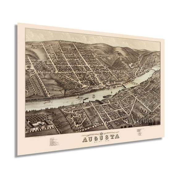 1878 Augusta Maine Map Poster - Vintage Augusta Poster Wall Art - Old Augusta Maine Map - Bird's Eye View of Augusta ME Oriented with North to The Right