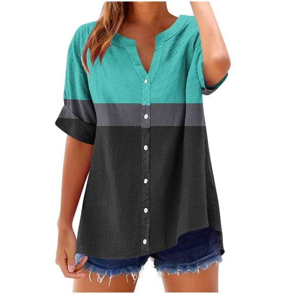 Zwiiyzr Women's T-Shirt Button V-Neck Short Sleeve Block Color Short Sleeve Loose Blouse Sky Blue (S)