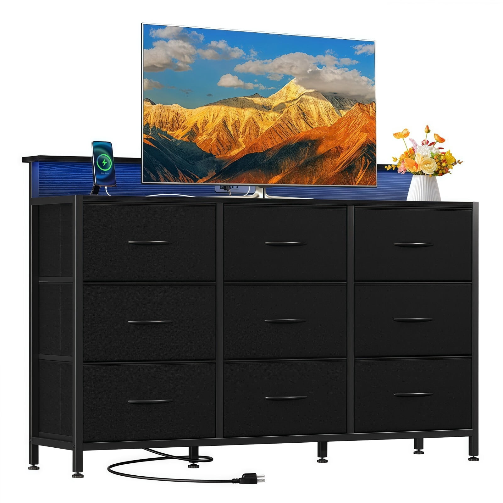 BEAUTYPEAK TV Stand Dresser with 9 Fabric Drawers LED Light AC USB-C Charging Station, Black