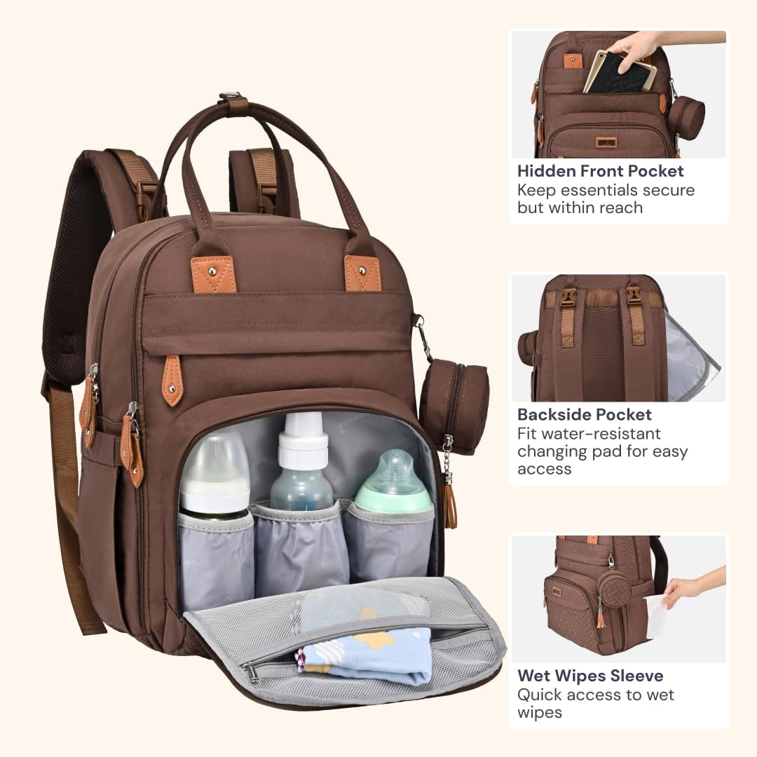 BabbleRoo Diaper Bag Backpack, Multifunction Original Baby Diaper Bag with Insulated Pockets, Brown