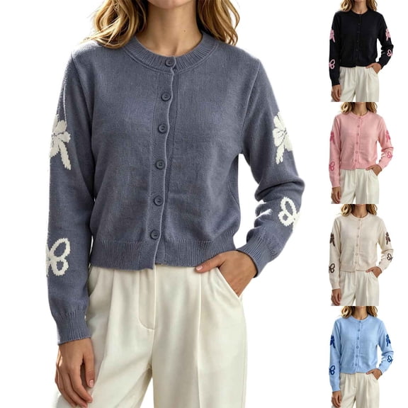 Iroehba Cardigan Sweaters for Women Long Sleeve Button Down Crew Neck Knit Tops Relaxed Cut Elegant Casual Outerwear for Daily Wear