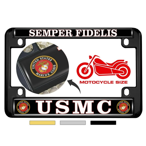 [Officially Licensed US Marine Corps Product] - Motorcycle Domed Custom-Made Personalized Metal License Plate Frame Frame with USMC Semper Fidelis Design - Black
