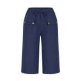 thumbnail image 7 of THDHVS Bermuda Shorts for Women,Womens Shorts,Womens Solid Color Casual Shorts Summer Comfy Cotton Linen Elastic Waist Drawstring Shorts with Pockets Navy L, 7 of 7