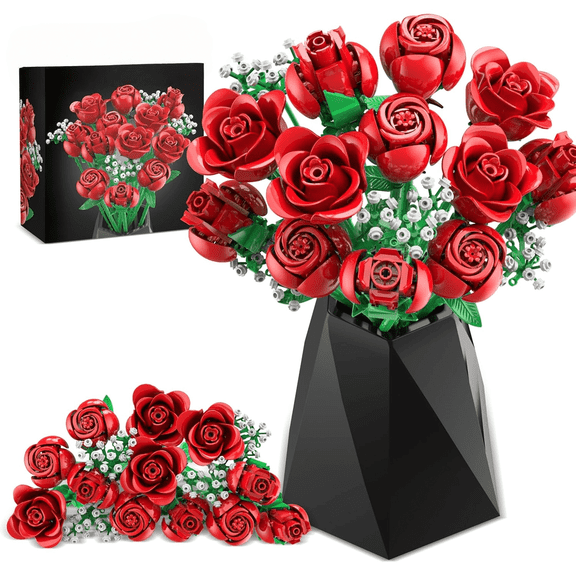 Red Rose Bouquet Building Set, 960822PCS Roses Flowers Artificial Flowers Botanical Collection for Dinner Table Home Decor, Christmas Valentines Day Gifts Thanksgiving Flower Decorations