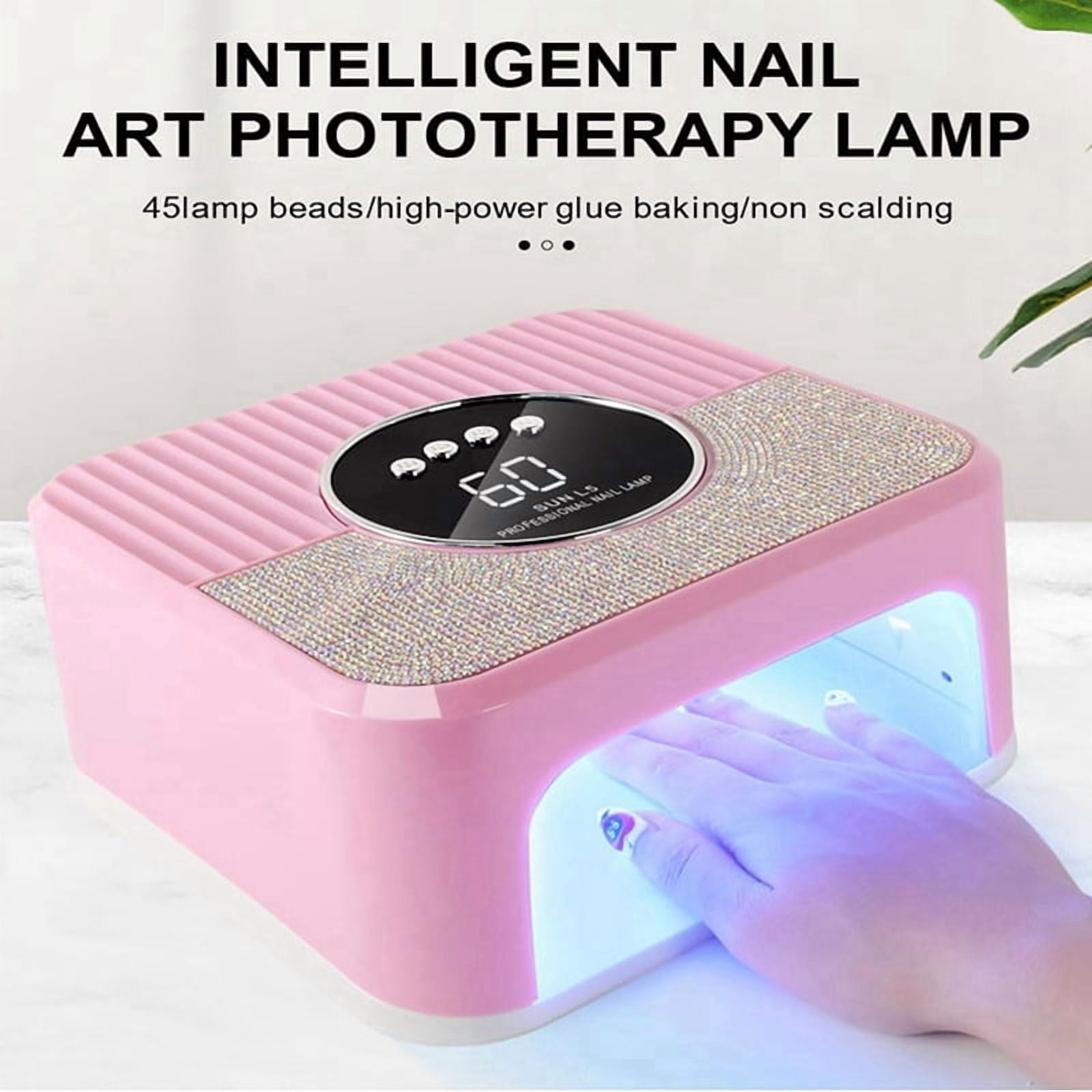 UV Nail Lamp Gel Nails,45LED Nail Lamp with 4 Timer Mode,Gel Nail Lamp Decorated with Sparkling Nail Rhinestone Pink(US)