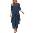 thumbnail image 2 of Women's 2 Piece Chiffon Sets Summer Dressy Pantsuits High Low Top Pants Set Formal Wedding Guest Outfit S Dark Blue, 2 of 6