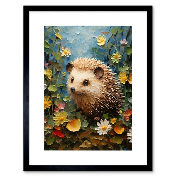 Hedgehog Wildflower Meadow Thick Paint Oil Painting Kids Bedroom Cute Woodland Creature Artwork Framed Wall Art Print 9X7 Inch
