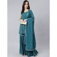 thumbnail image 4 of Janasya Indian Women's Teal Georgette Embossed Gold Print Top with Gharara and Dupatta, 4 of 10