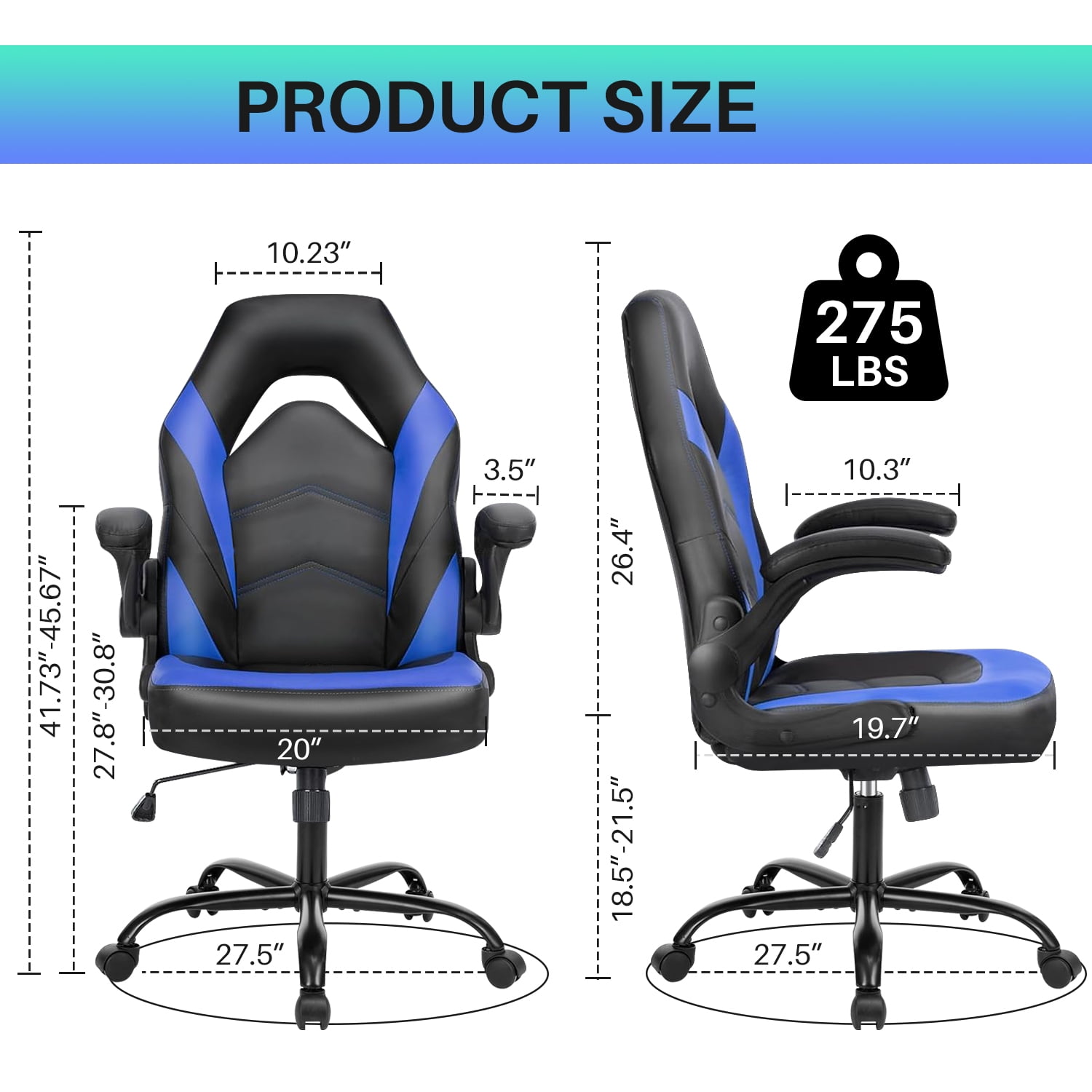 Bigleap Gaming Chair, Ergonomic Office Leather Racing Chair with Flip-up Armrest, Black Blue