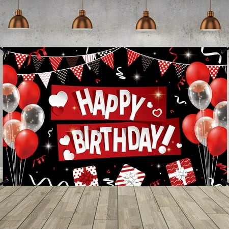 Image of Lovyan Happy Birthday Backdrop Banner Extra Large Fabric Black Red Sign Poster Photo Booth Background for Boys Girls Men Women Birthday Anniversary Party Decoration Supplies 71 x 43.3 Inch