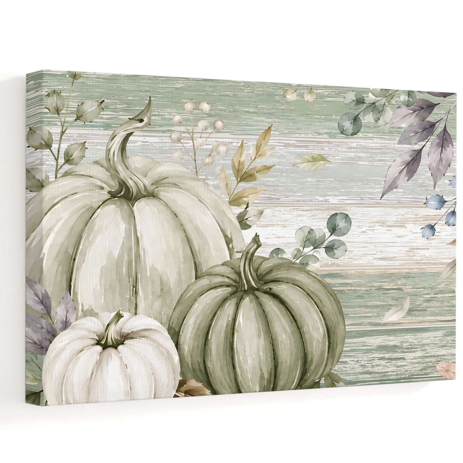 Thanksgiving Canvas Wall Art Fall Sage Green White Pumpkin Eucalyptus Leaf Wooden Wall Art Prints Artwork Framed Canvas Ready to Hang Art Pictures for Bathroom Nightstand Narrow Hallway 14 x 11