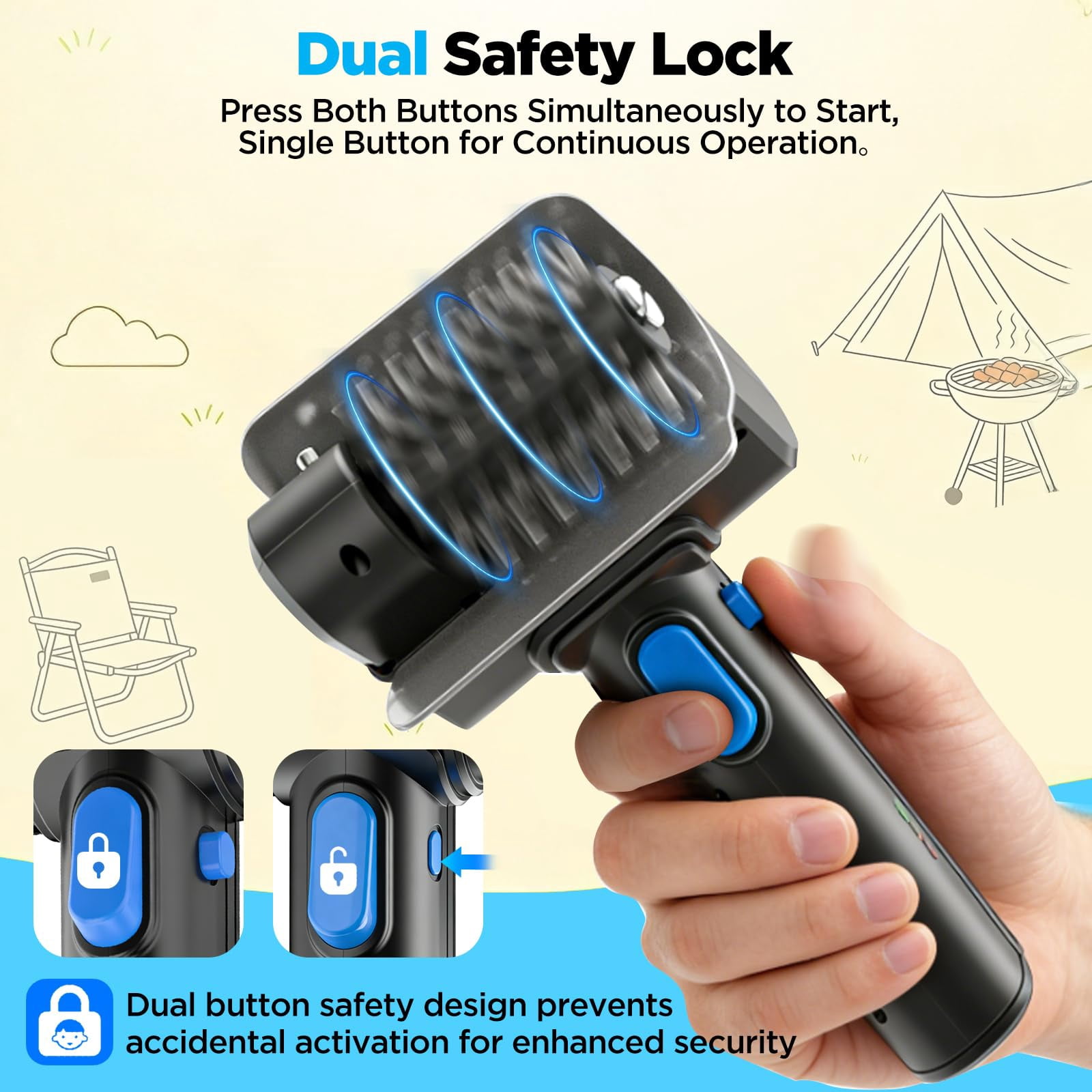 Electric Grill Brush Blue Button Dual Safety Lock 304 SS Head