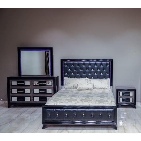 Modern Style Black Gray Finish Queen Size LED Bed Dresser Mirror Nightstand Upholstered 5pc Bedroom Furniture Set