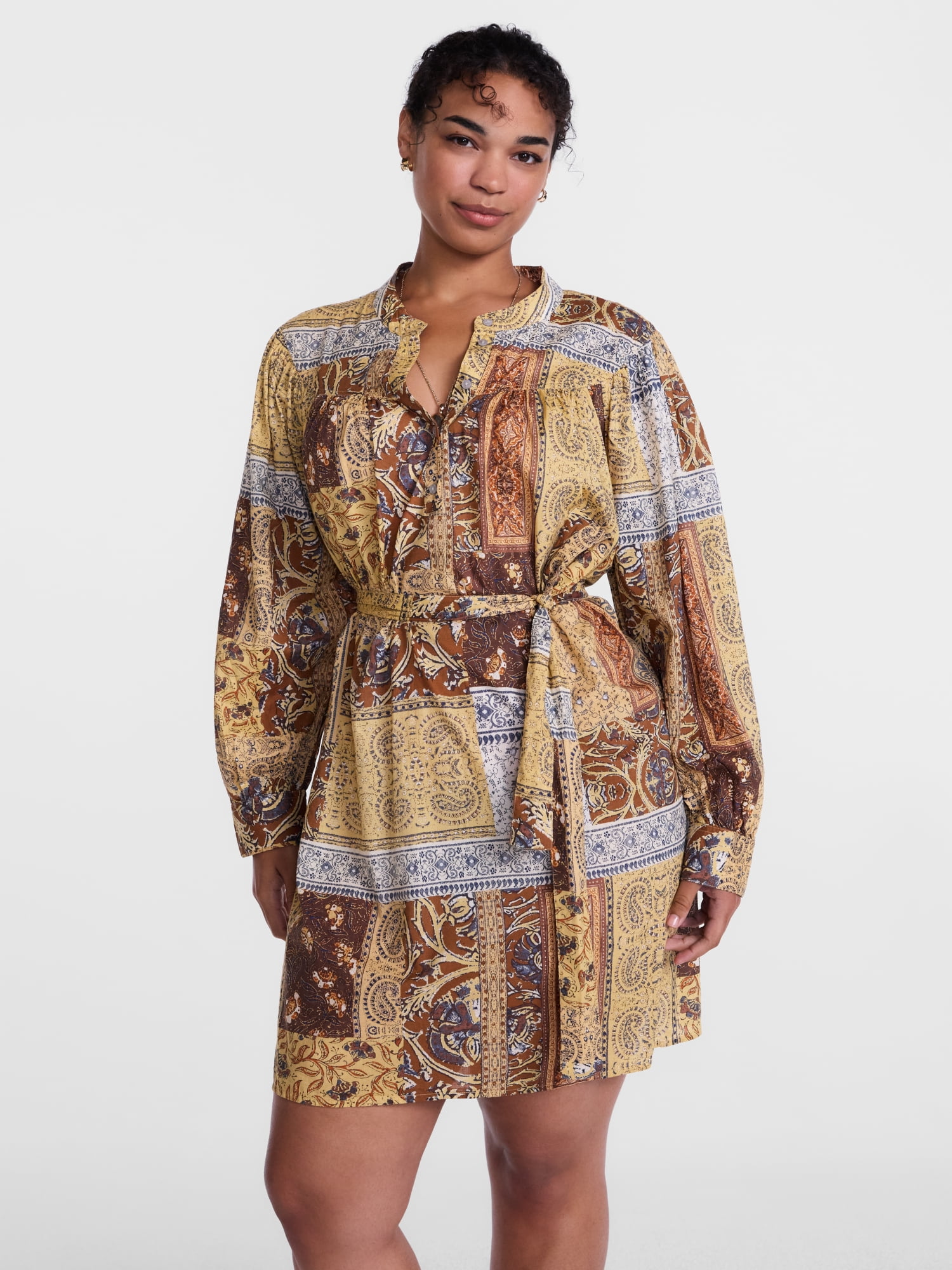 Scenario Women's Band Collar Shirtdress with Long Sleeves, Sizes XS-XXXL