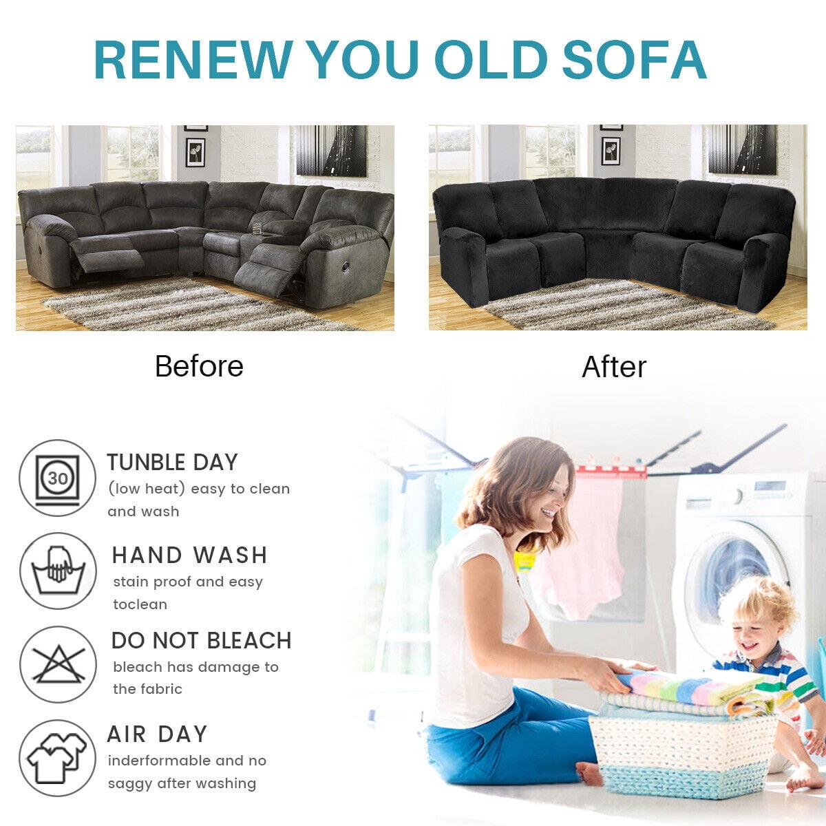 TOPCHANCES Velvet Recliner Sofa Covers, 5 Seat Corner Sofa Covers Stretch Furniture Protector Including 2 Arm Pieces, 4 Seat and Backrest Pieces and 1 Corner Piece, Black