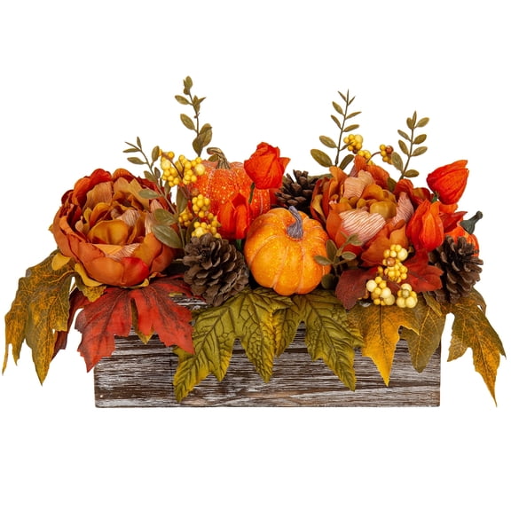 Briful Autumn Harvest Pumpkins Centerpiece Artificial Peony Maple Leaf and Pinecones Arrangement in Rectangle Wooden Box for Fall Decor
