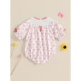 thumbnail image 4 of Suealasg Baby Girl Romper Short Sleeve Letter Embroidery Bow Print Smocked Bodysuit Newborn Summer Playsuit Clothes, 4 of 8