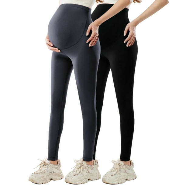 Amzcrzy 2PC Leggings premamá color liso por encima de la barriga clásicos largo completo cómodos suaves yoga ejercicio informal S-XL Gris