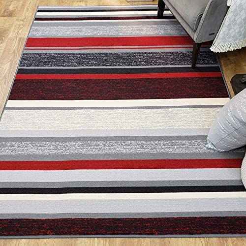 Rubber Backed Area Rug, 39 X 58 Inch (Fits 3X5 Area), Red Gray Striped