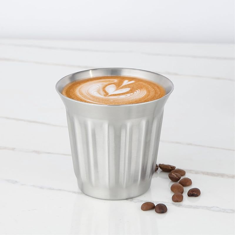Easyworkz Stainless Steel Double-Wall Espresso Cups 5 oz Set of 2, Vertical Stripe Design, Gunmetal