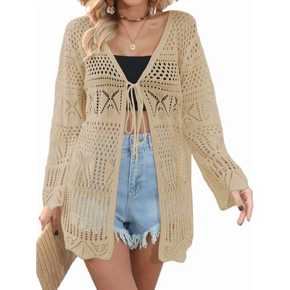 Women'S Beach Vacation Cover Up Bikini Tie Front Long Sleeve Sun Protection Cardigan Khaki One size