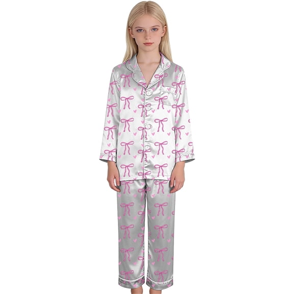 Toddler Silk Girls Pajamas Set Valentines Day Pjs Long Sleeve Bow Print Button Down Shirt Pajamas Boys Size 3-4 Years