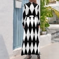 thumbnail image 3 of Vestido largo de mujer con estampado de arlequín, rombos y rombos en blanco y negro diseñado para decoración y vestuario del hogar, 3 of 5