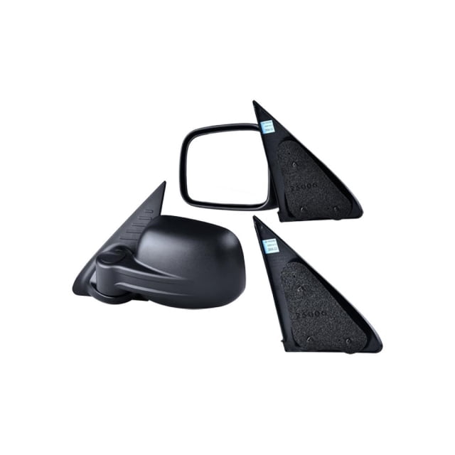 espejo depo jeep liberty 2002 - 2007 izquierdo Manual negro, espejo retrovisor izquierdo para Jeep Liberty 2002–2007 con carcasa negra texturizada, base triangular y soporte de montaje visible en vistas frontal y trasera; también suele usarse como repuesto en restauraciones de vehículo.